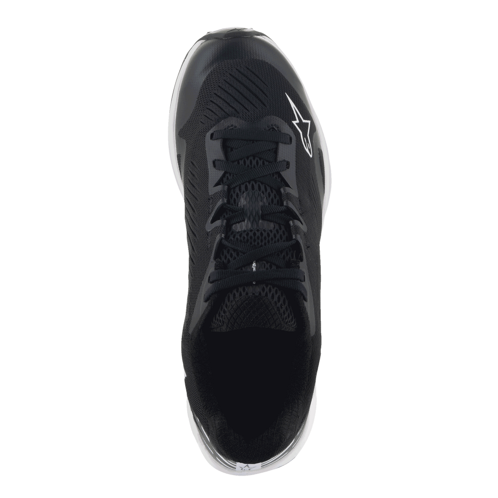 Alpinestars Meta Road V2 Shoes, Sportswear Shoes, Black and White, top-down view showing breathable synthetic mesh upper, black laces, and white Astars logo, designed for all-day comfort and race-team workwear.
