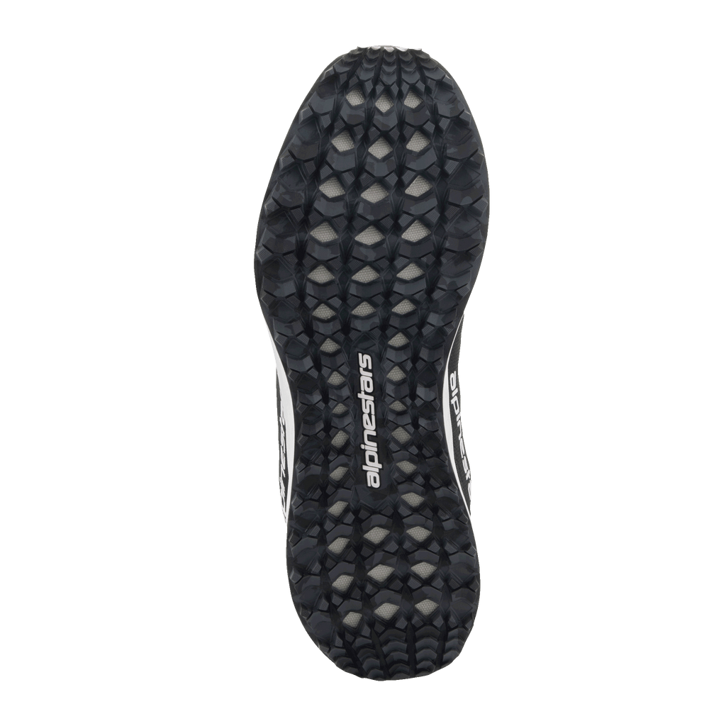 Alpinestars Meta Road V2 Shoes, bottom view of the outsole, black and grey camouflage-style studded grip pattern, white Alpinestars wordmark logo, durable rubber sole for multi-terrain traction