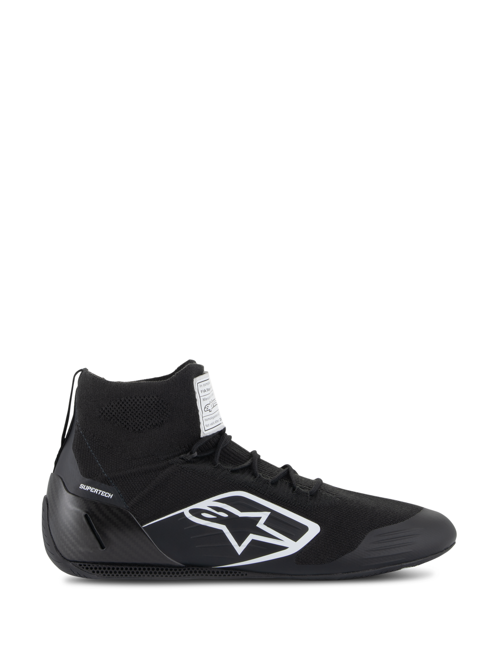 Alpinestars Supertech Shoes, FIA/SFI Certified Auto Racing Shoes, Black with white Alpinestars star logo, high-top design featuring a knitted upper and carbon fiber heel cup, professional motorsport footwear