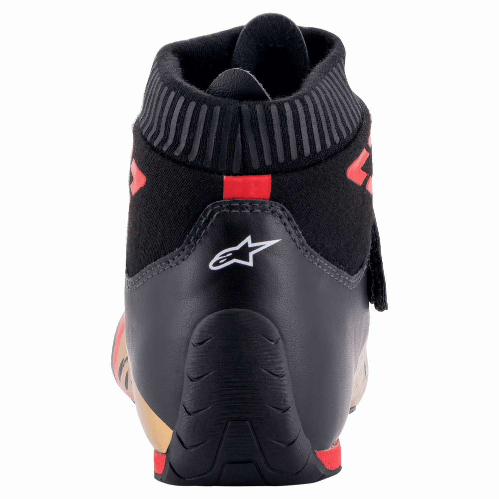 Alpinestars Supermono V2 Shoes FIA, Rear view of racing shoe heel, Black with white star logo and red accents, featuring a ribbed fireproof collar and streamlined leather construction