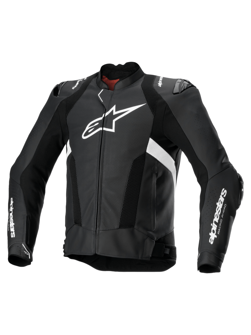 Alpinestars Missile V3 Airflow Leather Jacket, men's perforated racing sport motorcycle jacket in black and white, premium bovine leather with shoulder and elbow armor and Tech-Air compatibility