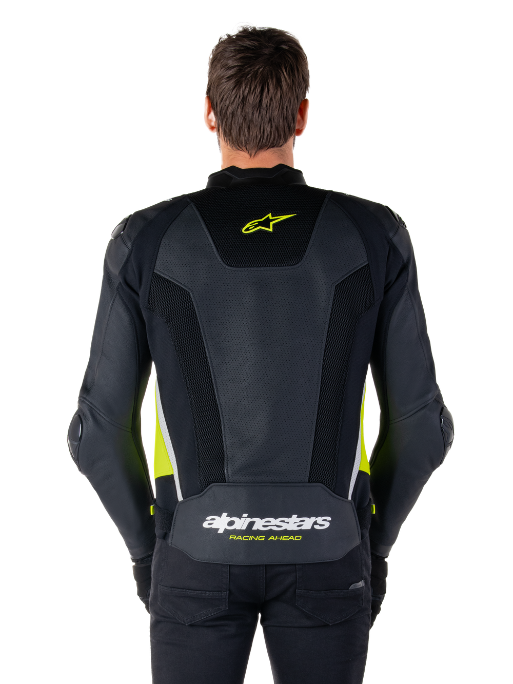 Alpinestars Missile V3 Airflow Leather Jacket, back view, black with fluo yellow and white accents, extensive perforated leather panels for cooling, Alpinestars branding on the upper and lower back, racing-inspired motorcycle sport jacket