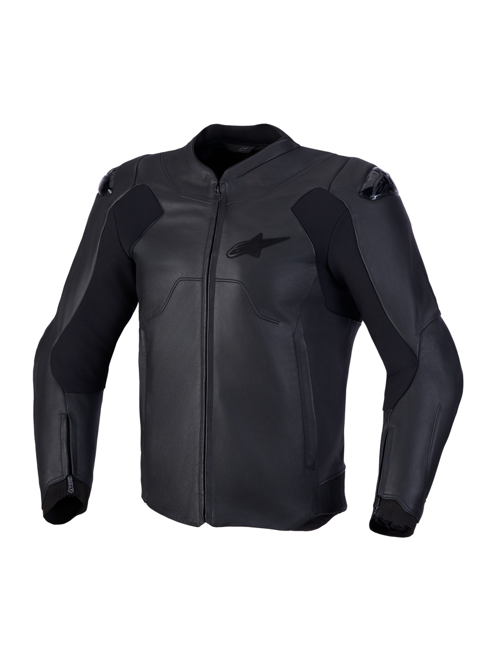 Alpinestars Caliber V2 Leather Jacket, Black men's motorcycle sport jacket with CE AA rating, full-grain bovine leather construction, and DFS shoulder armor