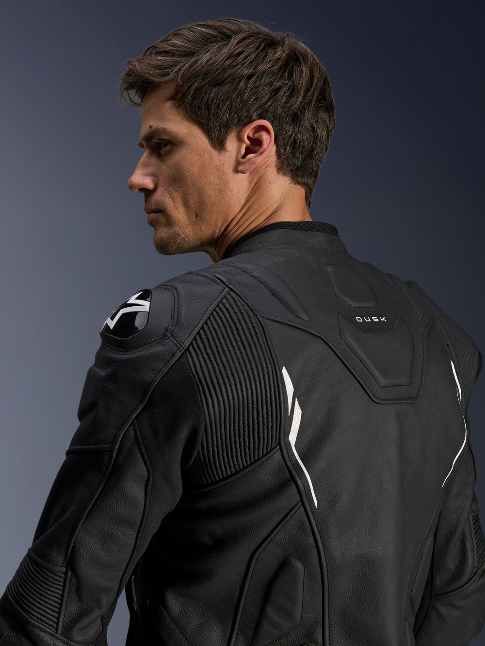 Alpinestars Dusk Leather Jacket, men's black and white bovine leather sport riding jacket with DFS shoulder armor.