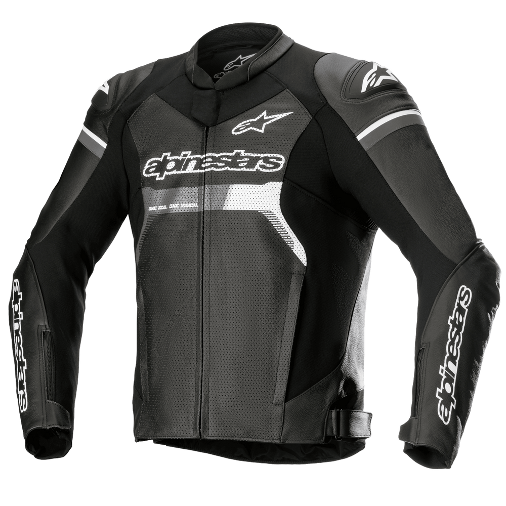 Alpinestars GP Force Airflow Leather Jacket, Black with white and grey accents, Motorcycle Racing Jacket, fully perforated leather chest and back for ventilation, external DFS Lite shoulder sliders, white Alpinestars logo branding on chest and sleeves, sporty road riding design