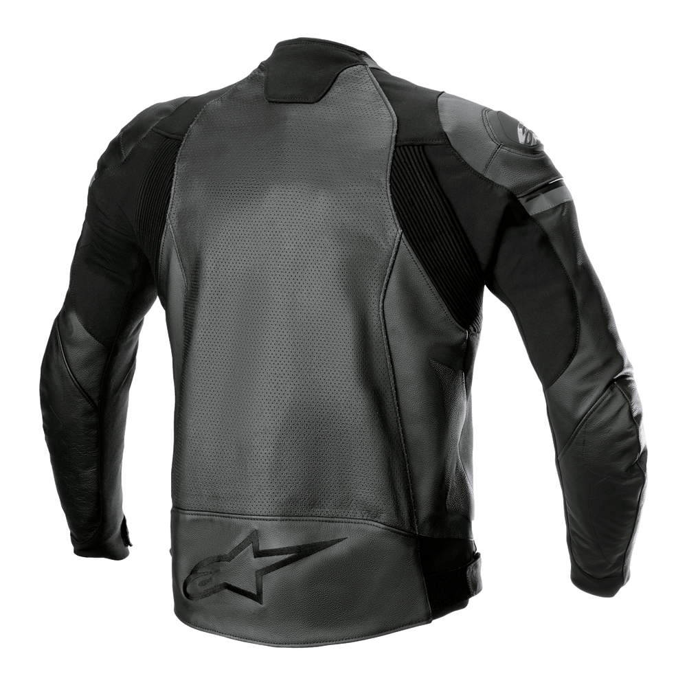 Alpinestars GP Force Airflow Leather Jacket, Black, Rear view featuring perforated buffalo leather panels, accordion stretch inserts, and large embossed star logo on the lower back, sport motorcycle racing gear