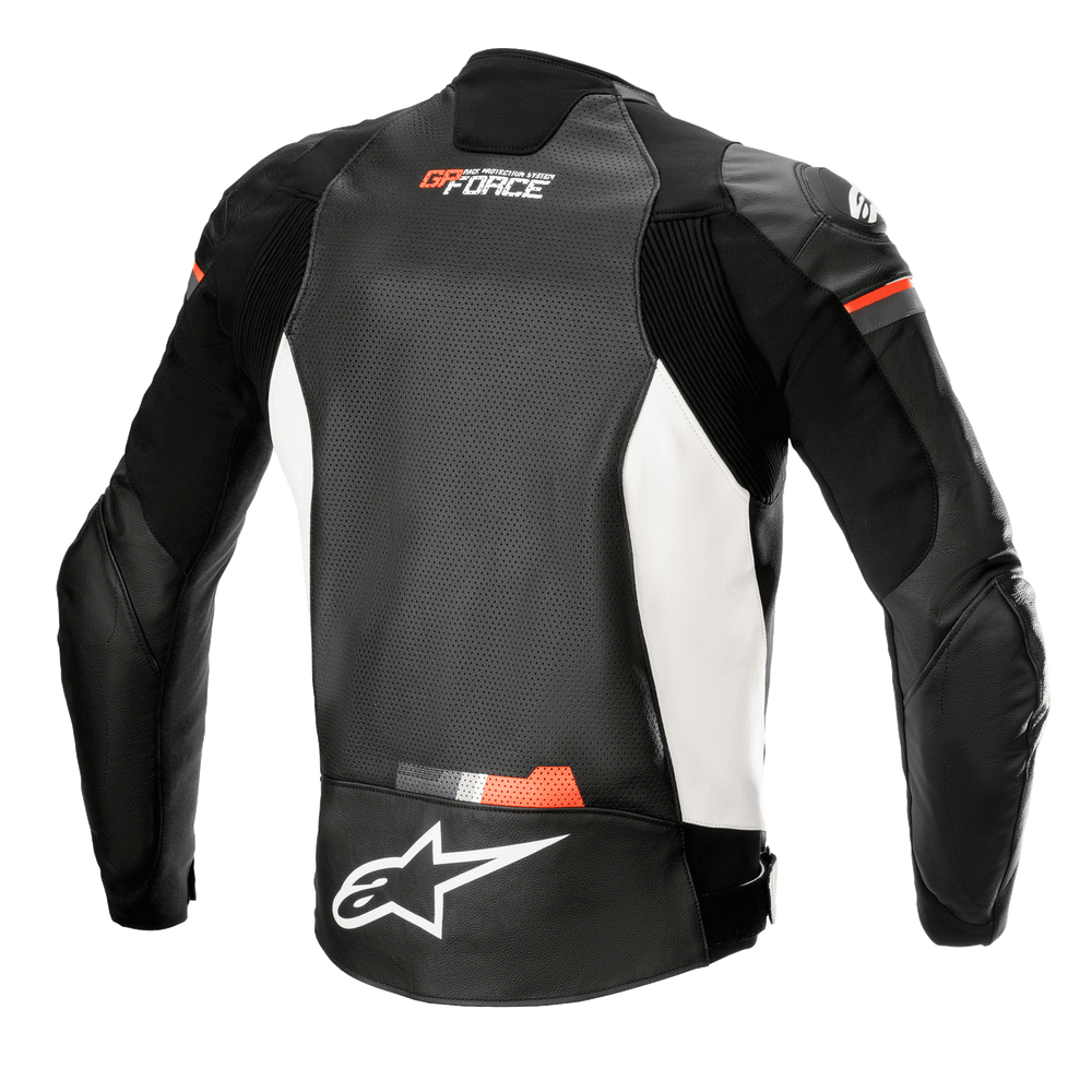 Alpinestars GP Force Airflow Leather Jacket, Rear View, Black White and Red Fluo, perforated leather back panel for ventilation, accordion stretch inserts on shoulders and sides, white Alpinestars logo on lower back, GP Force branding on upper back, sport motorcycle apparel