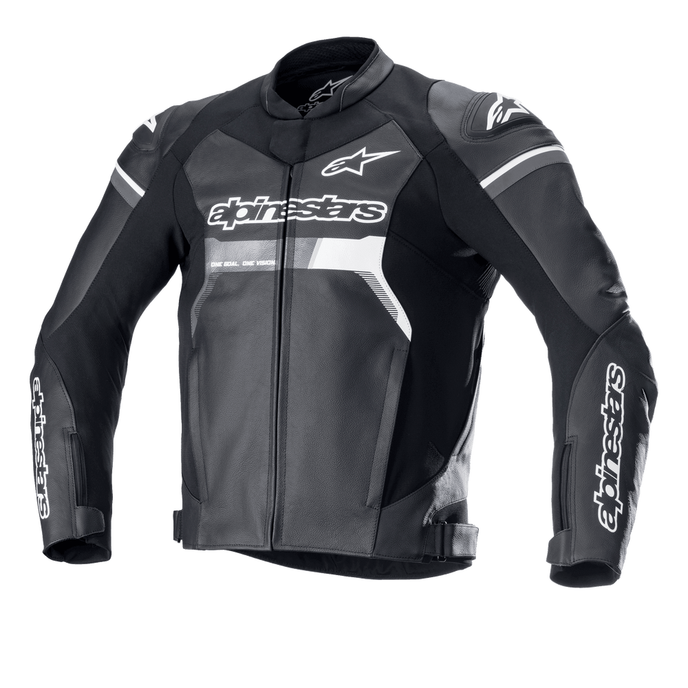 Alpinestars GP Force Leather Jacket, Black with white and grey accents, Motorcycle Racing Jacket, Premium bovine leather construction, bold Alpinestars branding on chest and sleeves, DFS Lite shoulder sliders, ergonomic sport fit for road riding.