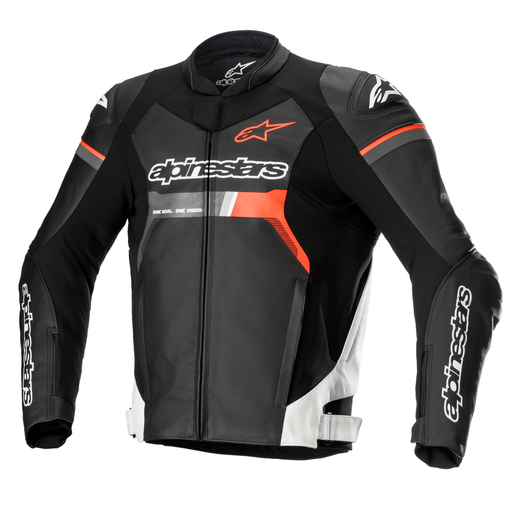 Alpinestars GP Force Leather Jacket, Motorcycle Racing Jacket, Black with White and Red Fluo accents, featuring prominent Alpinestars branding on the chest and sleeves, premium bovine leather construction with DFS Lite shoulder protectors, sleek aerodynamic silhouette