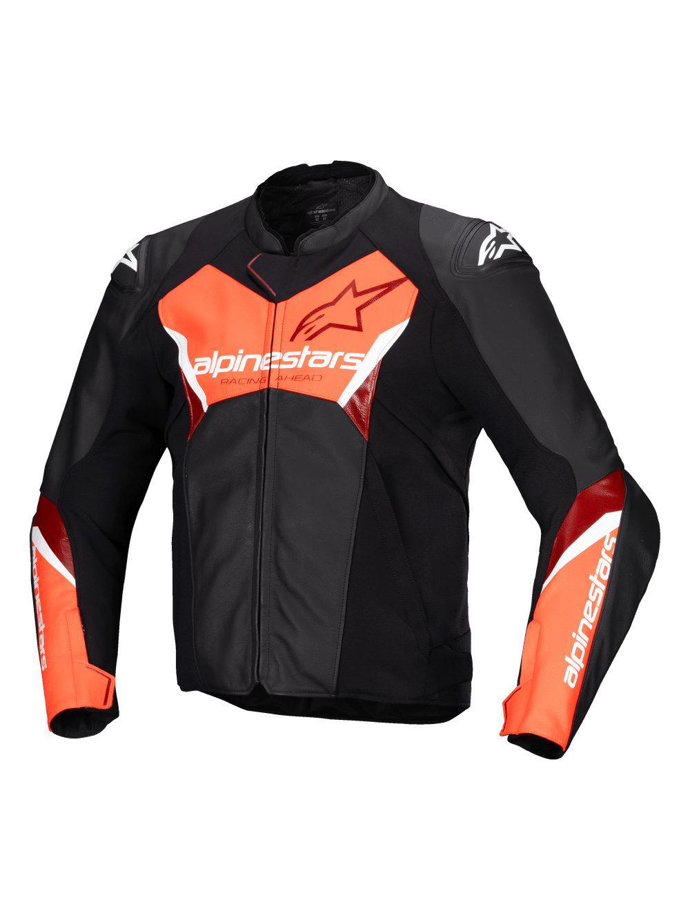 Alpinestars Faster V3 Leather Jacket, Men's Motorcycle Racing and Sport Jacket, Black and Red Fluo, CE Certified with premium leather and stretch panels