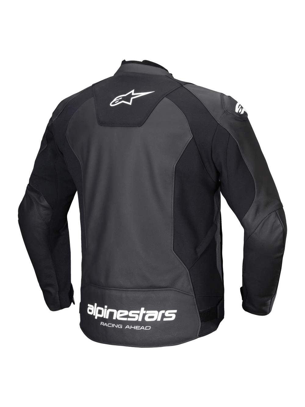 Alpinestars Faster V3 Leather Jacket, men's sport riding motorcycle jacket, rear view, black and white, featuring durable leather and advanced stretch panels with branding on the back