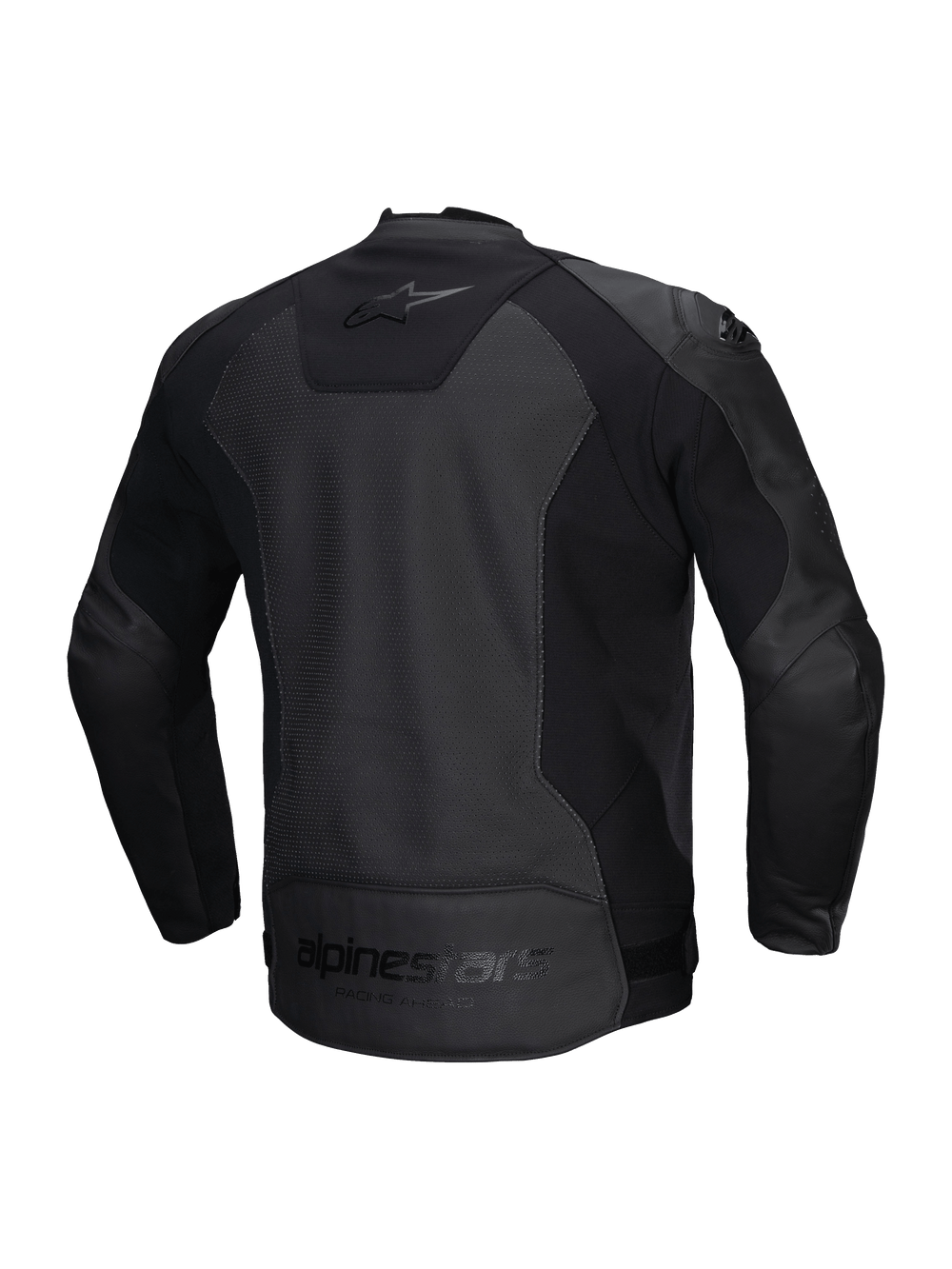 Alpinestars Faster V3 Airflow Leather Jacket, men's sport motorcycle riding jacket, black, CE certified with perforated leather and stretch panels, rear view showing stretch inserts and branding