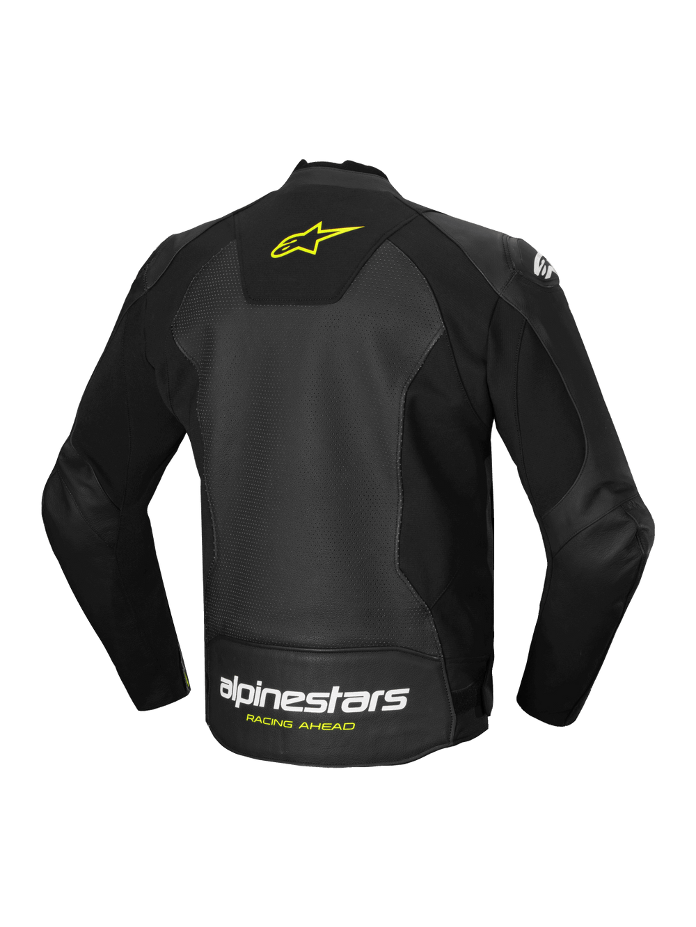 Alpinestars Faster V3 Airflow Leather Jacket, men's sport motorcycle riding jacket, black and yellow, perforated leather construction with stretch panels and rear logo branding