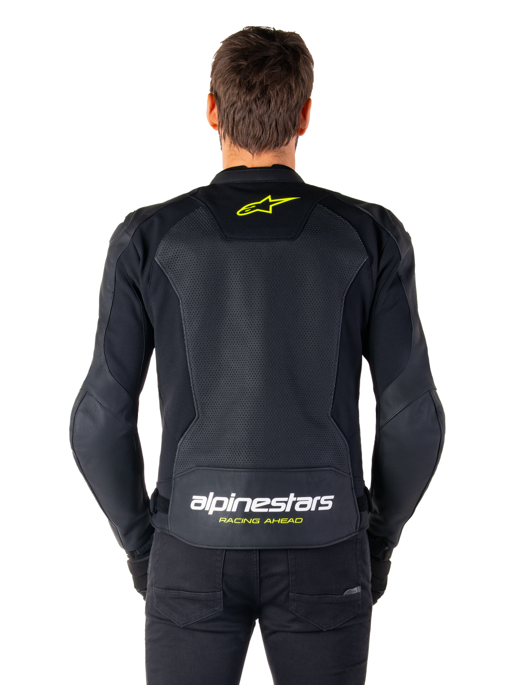 Alpinestars Faster V3 Airflow Leather Jacket, Sport Motorcycle Jacket, Black with Yellow Fluo accents, back view showing large perforated leather panels, yellow star logo on the upper back, and bold branding on the lower back.