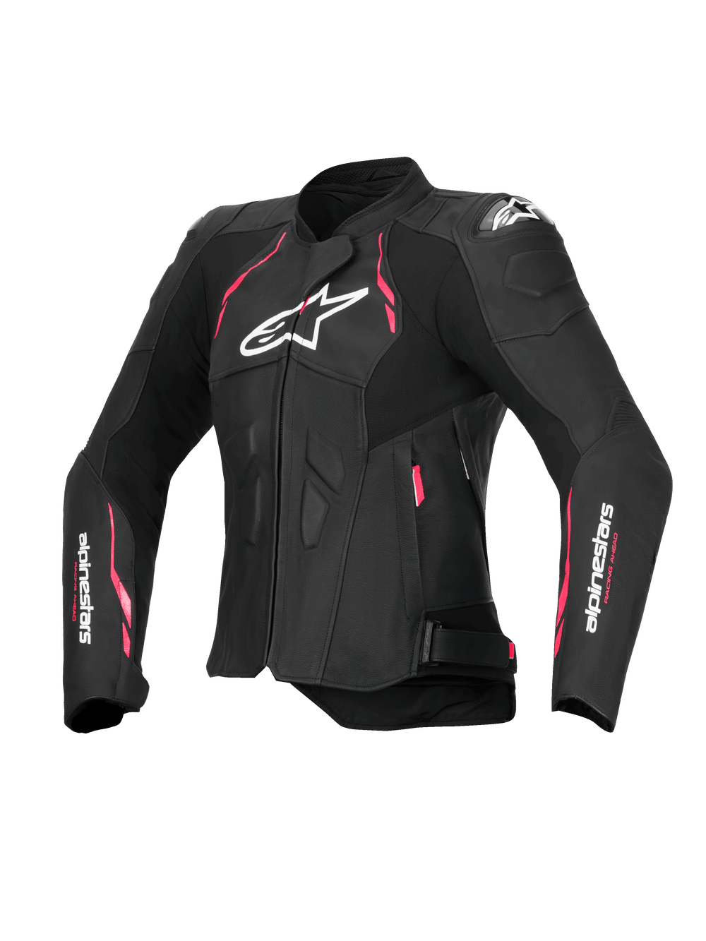 Alpinestars Stella Dusk Leather Jacket, Women's Motorcycle Riding Jacket in Black with Diva Pink and White accents, CE Certified Class AA with external DFS shoulder protection