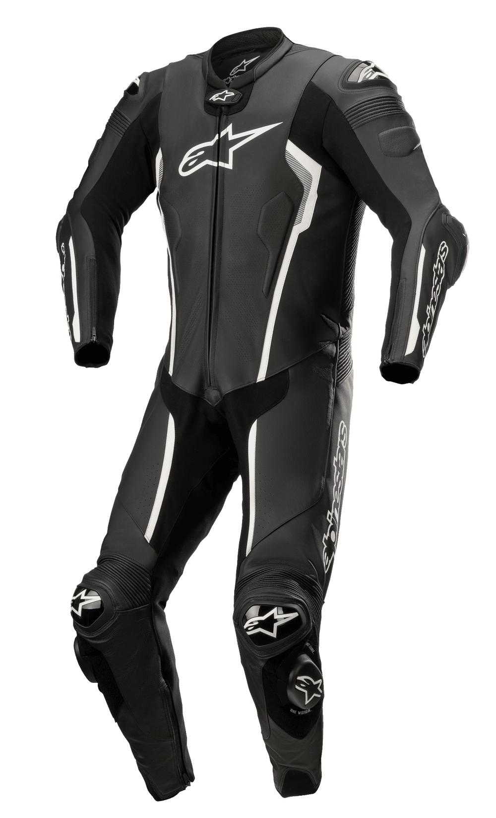 Alpinestars Missile V2 1-Piece Leather Suit, Black and White, Motorcycle Racing Suit, aerodynamic design with knee and elbow protection, perforated ventilation panels, CE certified, premium leather construction for track performance