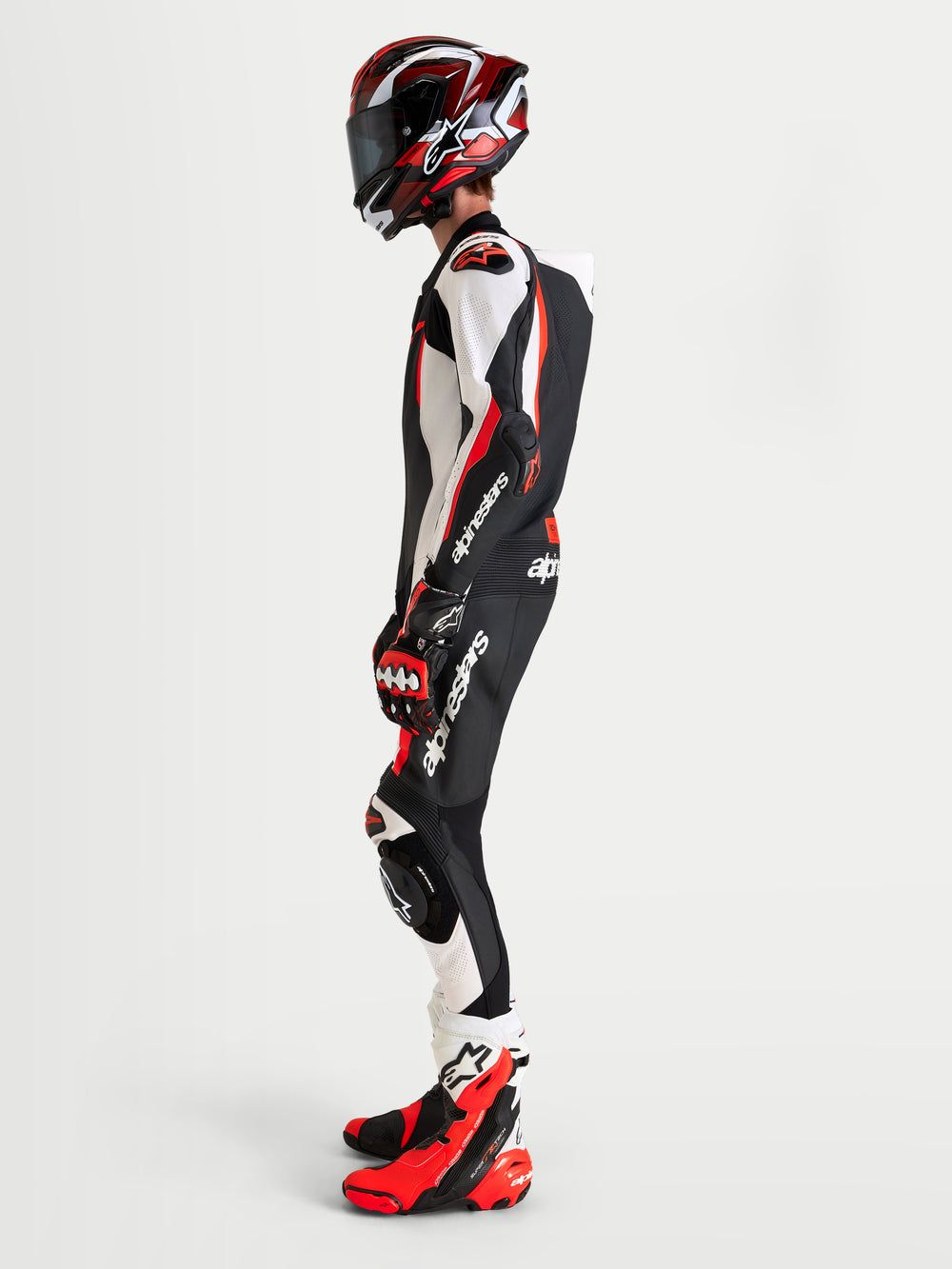 Alpinestars Missile V3 Leather Suit 1 Pc, Motorcycle Racing Suit, Black, White, and Red Fluo, men's one-piece leather race suit with integrated aerodynamics and protective armor
