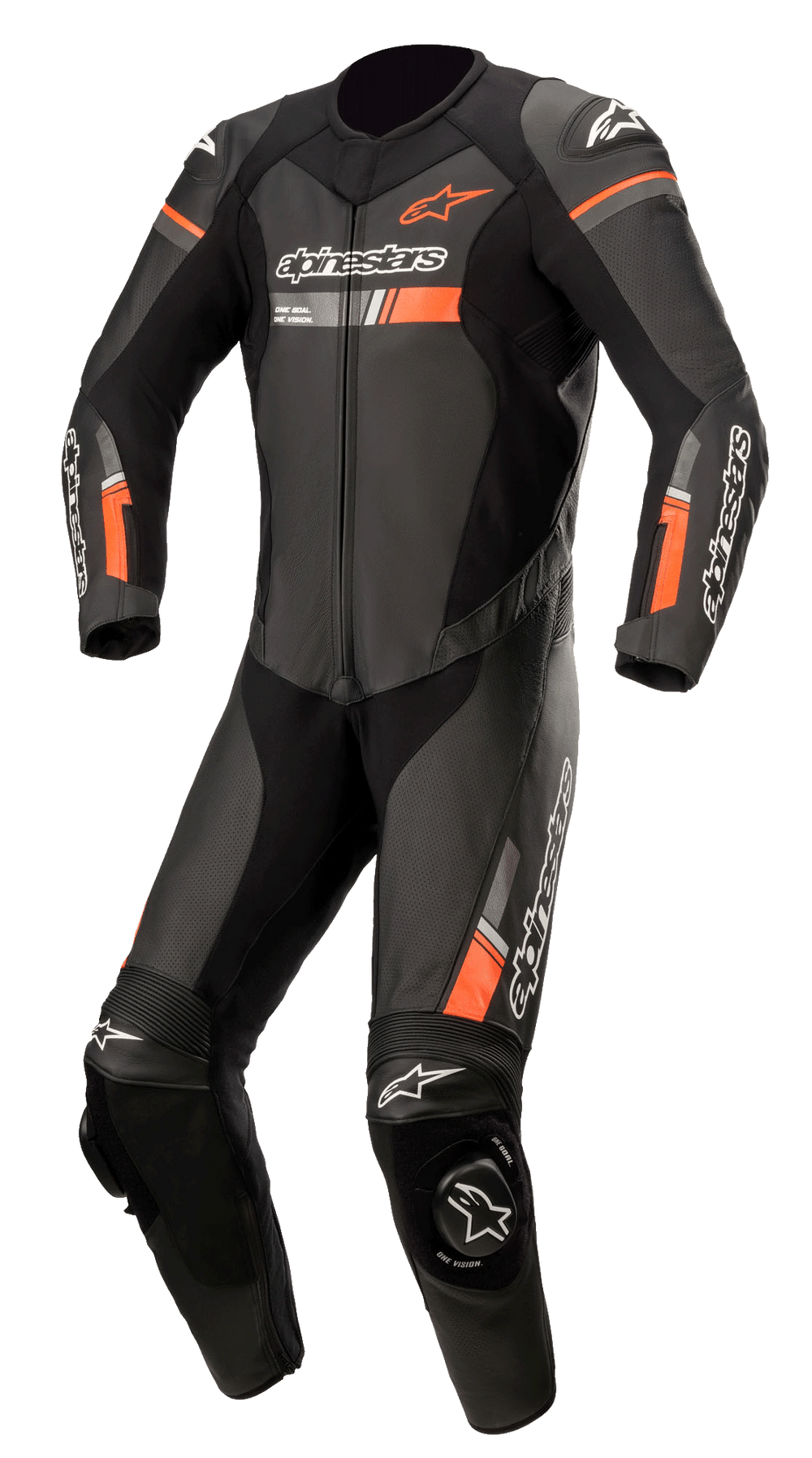 Alpinestars GP Force Chaser 1-Piece Leather Suit, black and fluorescent red, professional motorcycle racing suit.