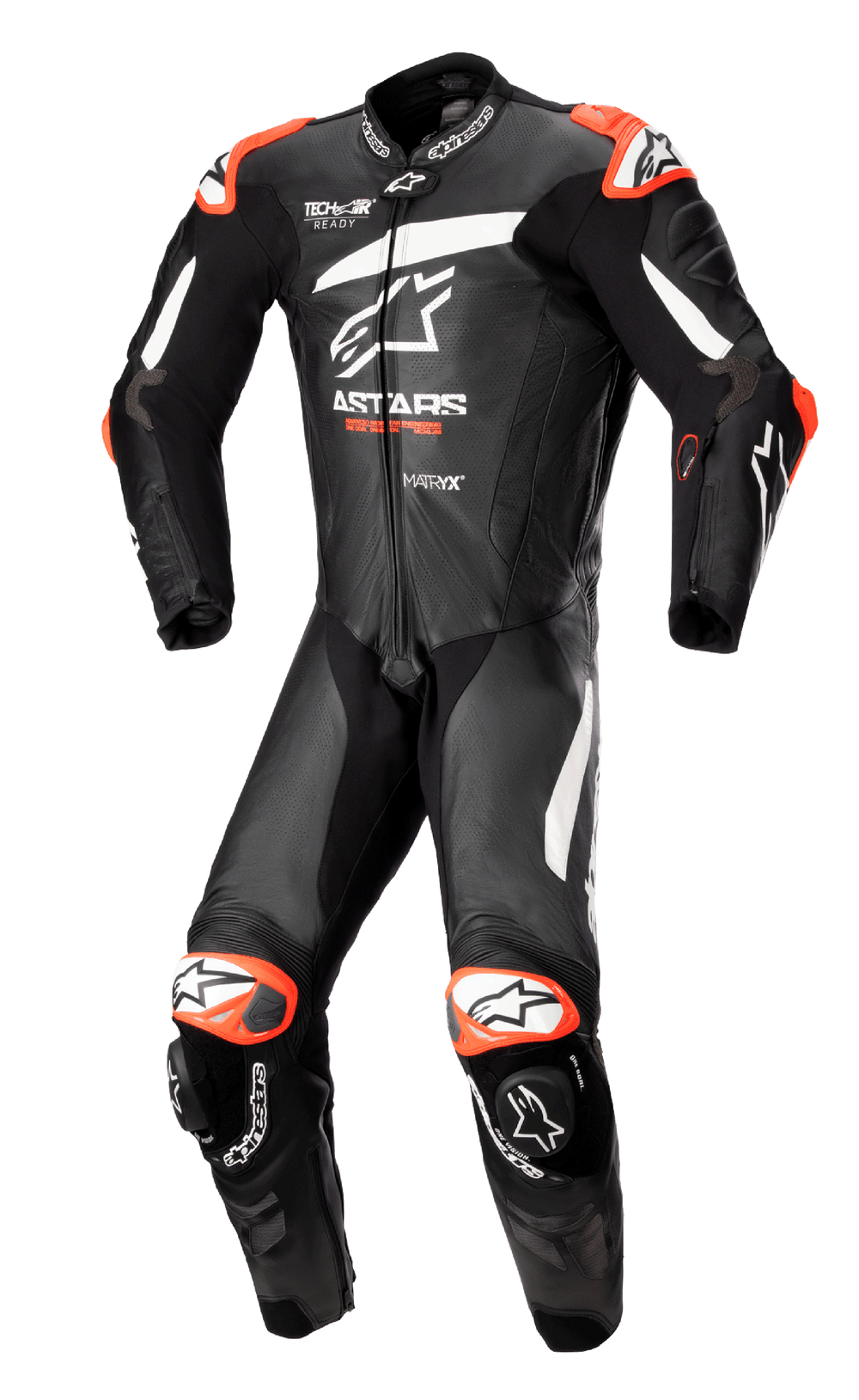 Alpinestars GP Plus V4 One Piece Leather Suit in black and white with red accents, Tech-Air Ready motorcycle racing suit.