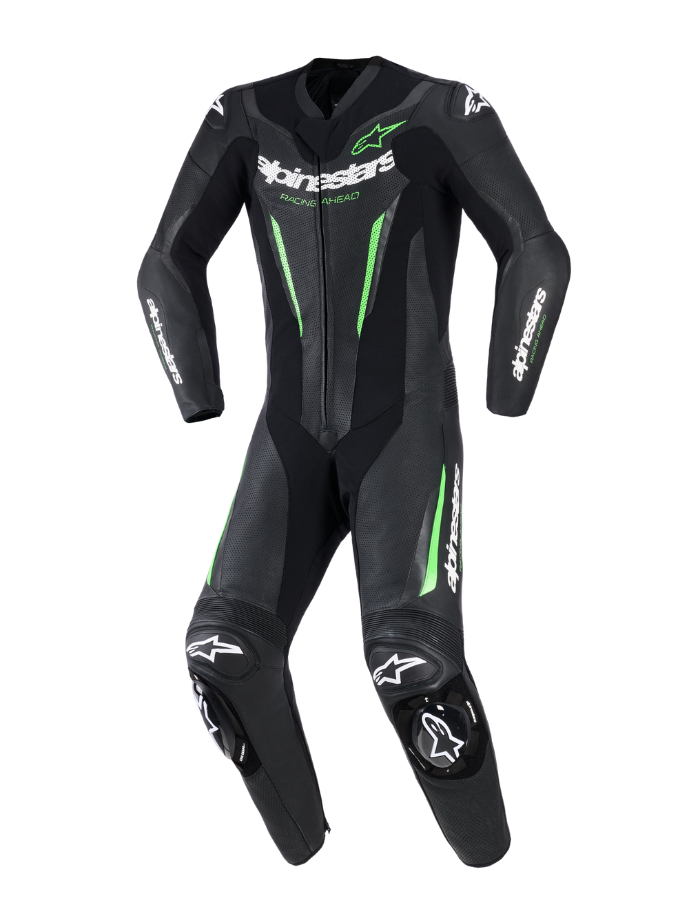 Alpinestars GP Force V2 Leather Suit - 1Piece, One-piece motorcycle racing suit, Black with neon green accents and white branding, featuring perforated leather panels, DFS Lite external sliders at shoulders and knees, and a dedicated sport-fit design.