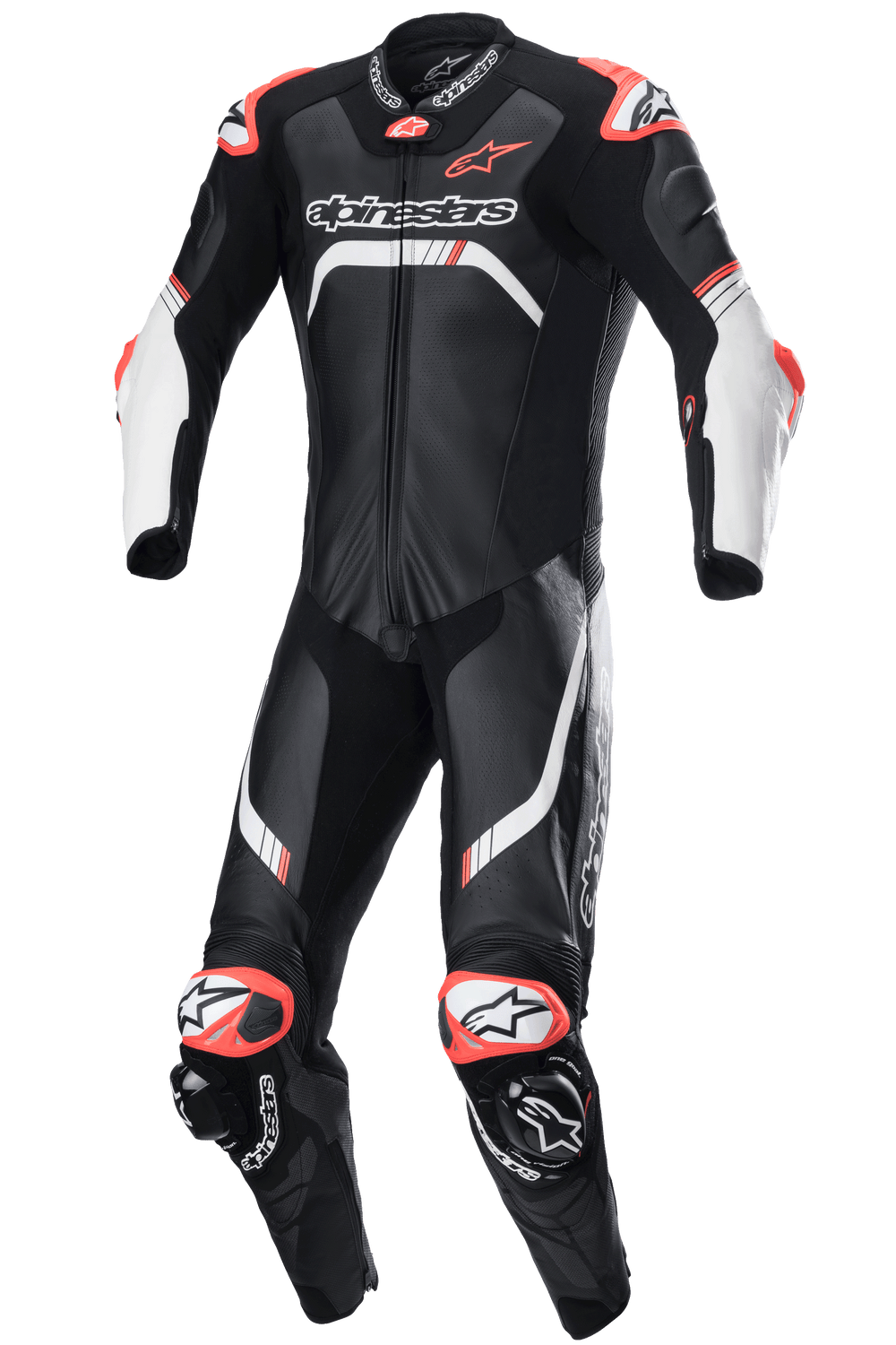 Alpinestars GP Tech V4 Leather Suit, Professional One-Piece Motorcycle Racing Suit, Black with White and Fluorescent Red accents, featuring aerodynamic back hump, knee sliders, and MATRYX ventilation panels, designed for high-performance track use