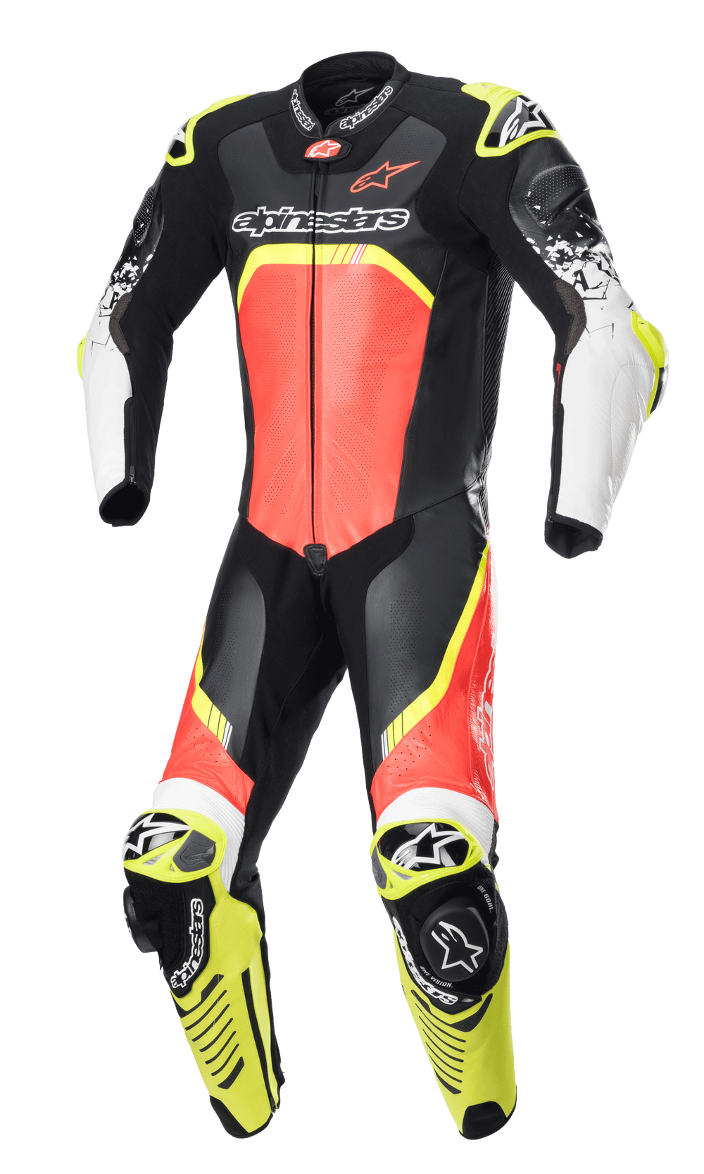 Alpinestars GP Tech V4 Leather Suit, One-Piece Motorcycle Racing Suit, Black with Fluo Red and Fluo Yellow accents, white forearms, featuring perforated leather panels, aerodynamic back hump, and integrated knee sliders, professional-grade protection for track riding