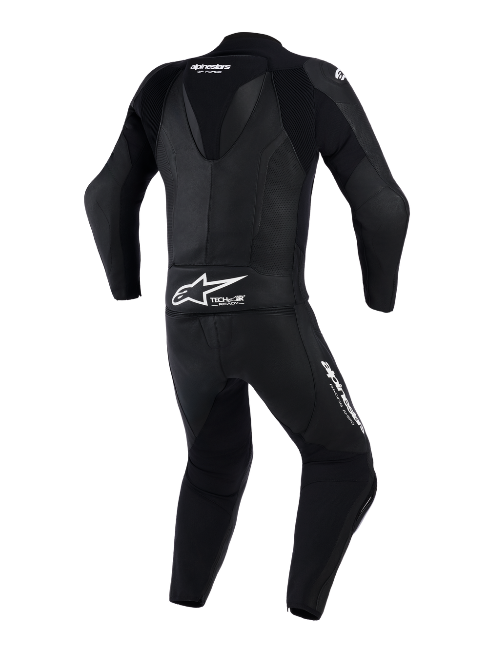 Alpinestars GP Force V2 2-Piece Leather Suit, Motorcycle Suit, Black, Back view featuring aerodynamic speed hump and perforated leather panels, Alpinestars branding and Tech-Air Ready logo on lower back, engineered for high-performance track riding
