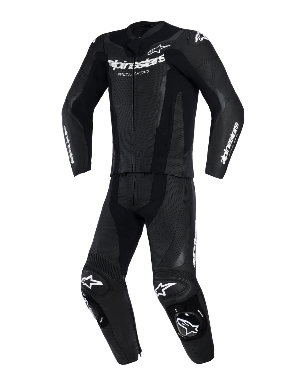 Alpinestars GP Force V2 2-Piece Leather Suit, Black, front view, perforated leather panels, white Alpinestars logos on chest and sleeves, integrated knee sliders, performance track and sport riding gear