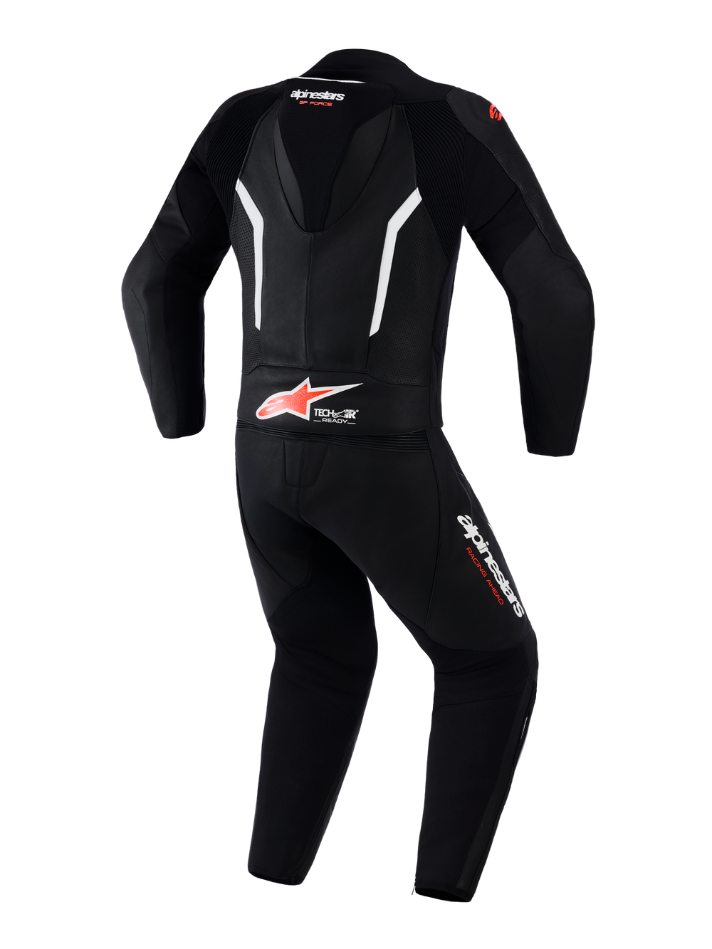 Alpinestars GP Force V2 Leather Suit 2-Piece, Motorcycle Racing Suit, Black White and Red Fluo, rear view showing aerodynamic speed hump, Tech-Air Ready branding on the lower back, perforated leather panels for ventilation, and Alpinestars logos on the legs and neck.