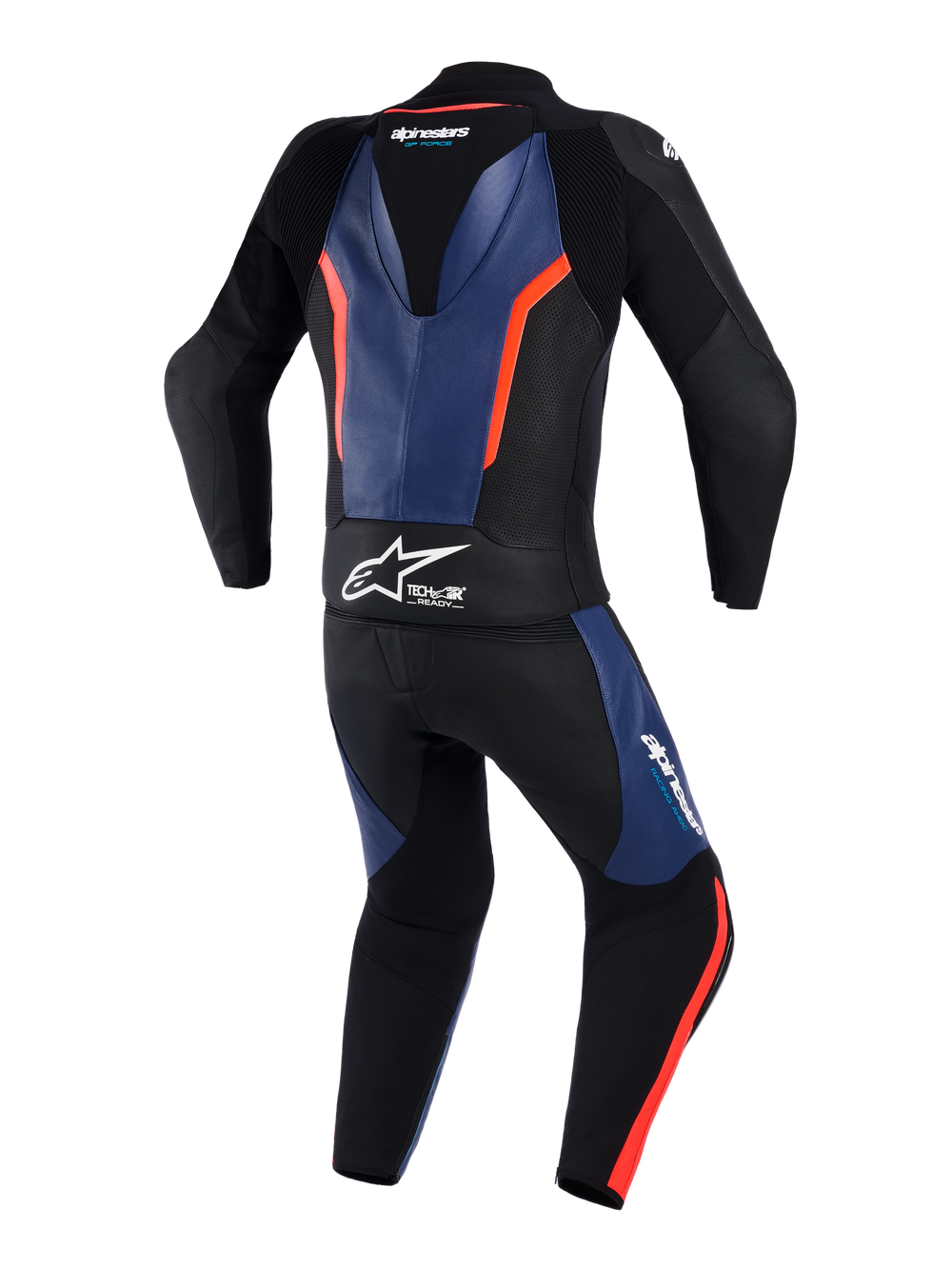 Alpinestars GP Force V2 Leather Suit 2-Piece, Rear View, Black with Blue and Red Fluo accents, professional motorcycle racing suit featuring an aerodynamic speed hump, white Tech-Air Ready branding on the waist, perforated leather panels, and accordion stretch zones for enhanced mobility.