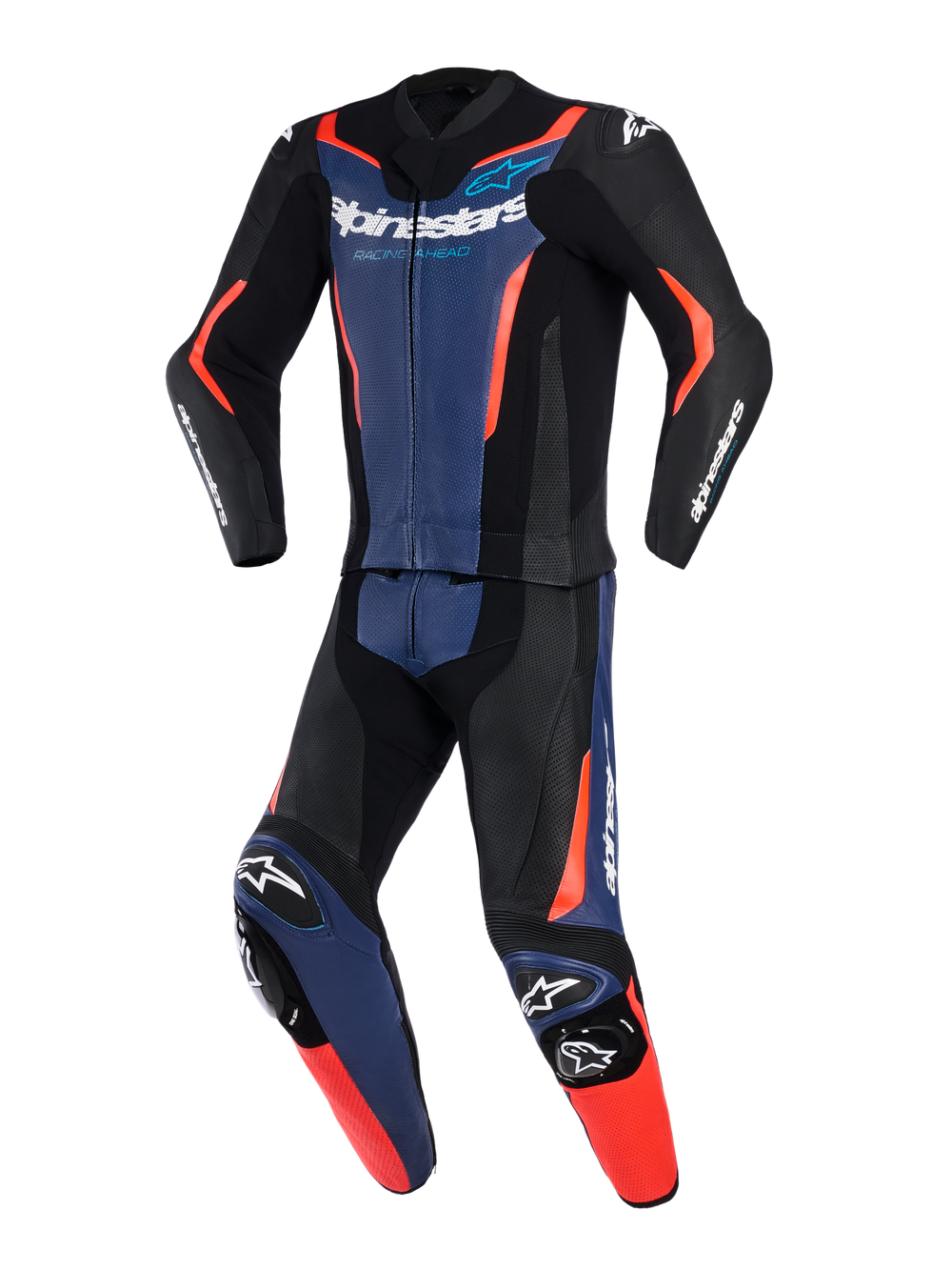 Alpinestars GP Force V2 Leather Suit 2-Piece, Black Blue and Red Fluo, professional motorcycle racing suit with perforated leather panels, integrated knee sliders, and bold branding on chest and sleeves
