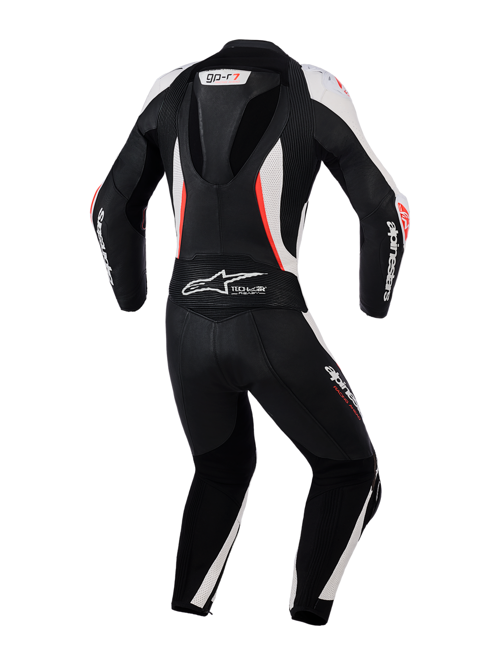 Alpinestars Woman Stella GP-R7 Leather Suit - 2Piece, Back View, Black White and Red Fluo, featuring an aerodynamic hump, accordion stretch panels, and perforated leather for professional racing performance.