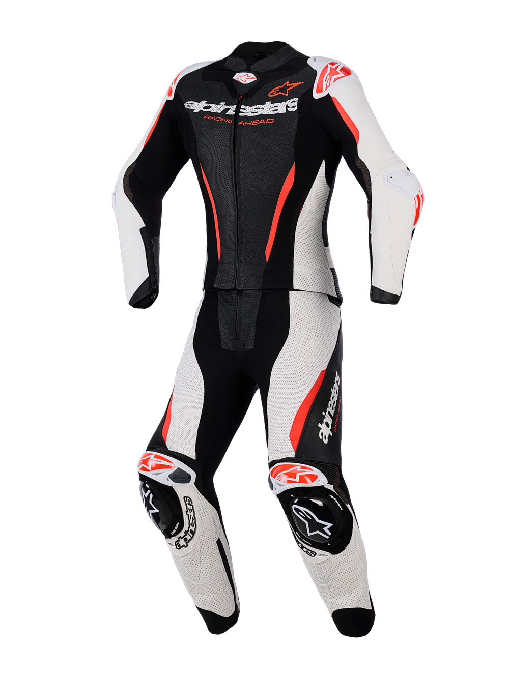 Alpinestars Woman Stella GP-R7 2-Piece Leather Suit, Women's Motorcycle Racing Suit, Black White and Red Fluo, featuring perforated leather panels, integrated armor at shoulders and knees, aerodynamic design, and bold branding on the chest and legs