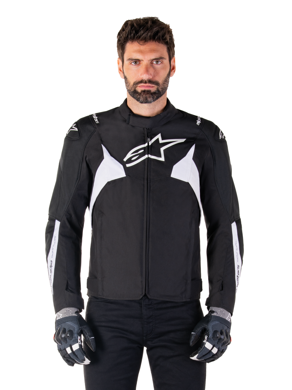 Alpinestars T-Jaws V4 Waterproof Jacket, Black and White, men's sport textile motorcycle jacket, featuring a white star logo on the chest, white shoulder accents, and white forearm stripes, high collar, athletic fit for road riding