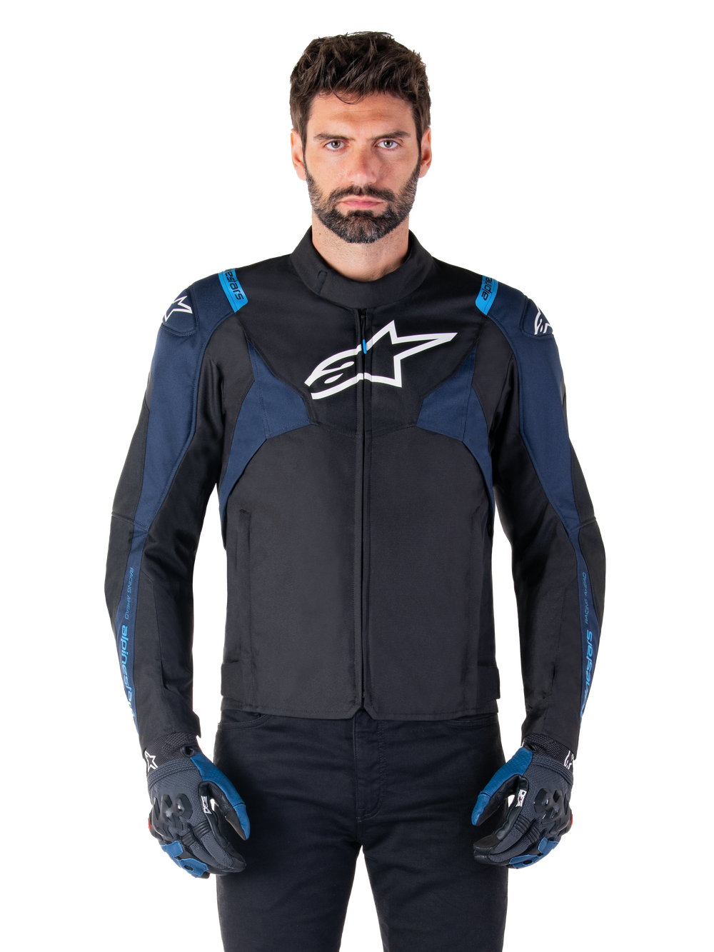Alpinestars T-Jaws V4 Waterproof Jacket, Motorcycle Jacket, Black and Dark Blue with Blithe Blue accents, white logo on chest, blue text on shoulders, worn with matching gloves, waterproof textile riding gear