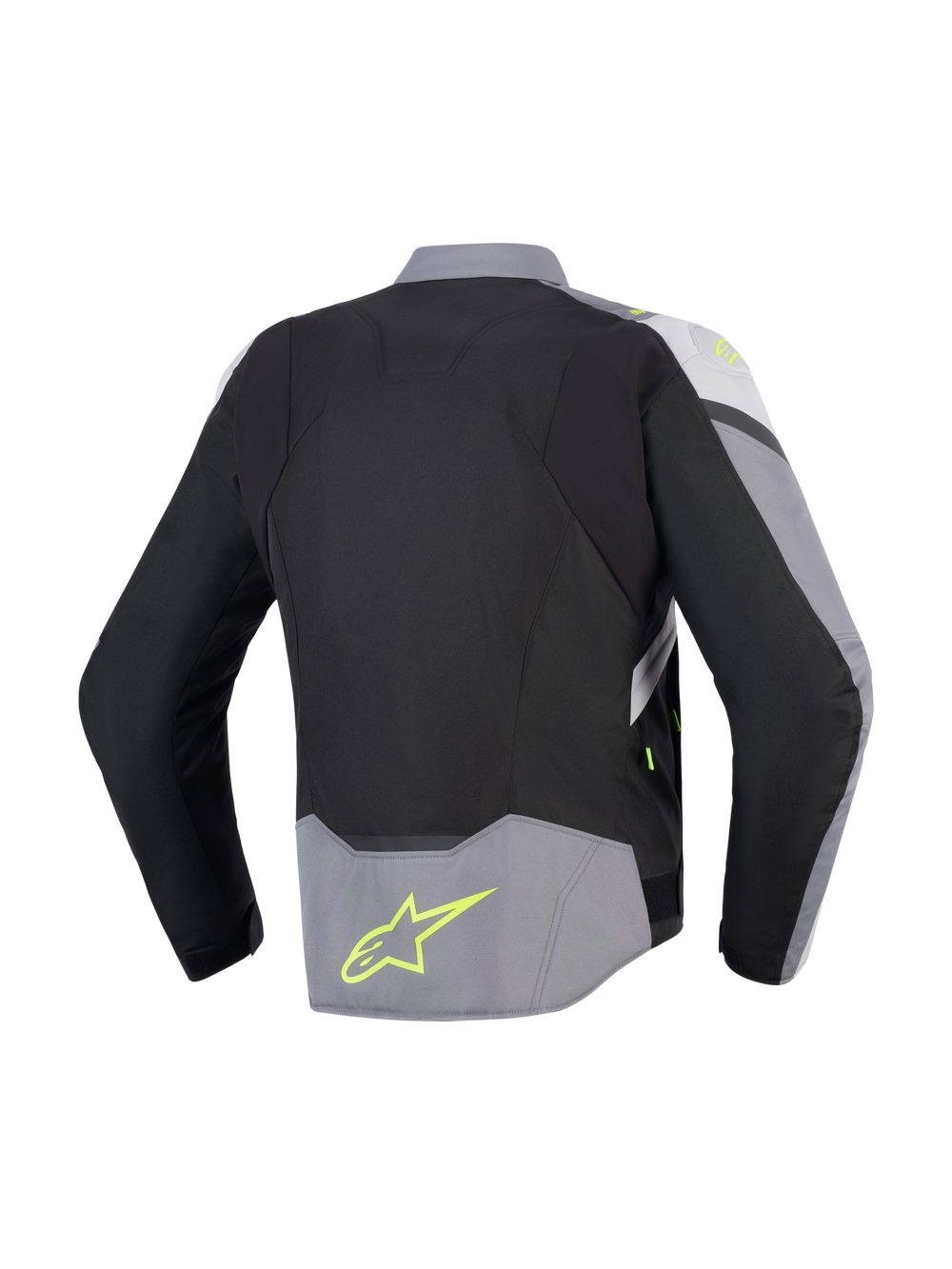 Alpinestars T-Jaws V4 Waterproof Jacket, Rear View, Black Ice Gray and Dark Gray, textile motorcycle jacket with fluorescent yellow accents and logo on lower back, sport fit with extended rear profile