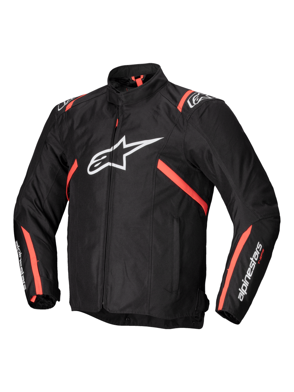 Alpinestars T-SPS V2 Waterproof Jacket, men's textile motorcycle riding jacket in black with white and red fluo accents, CE certified with Tech-Air readiness