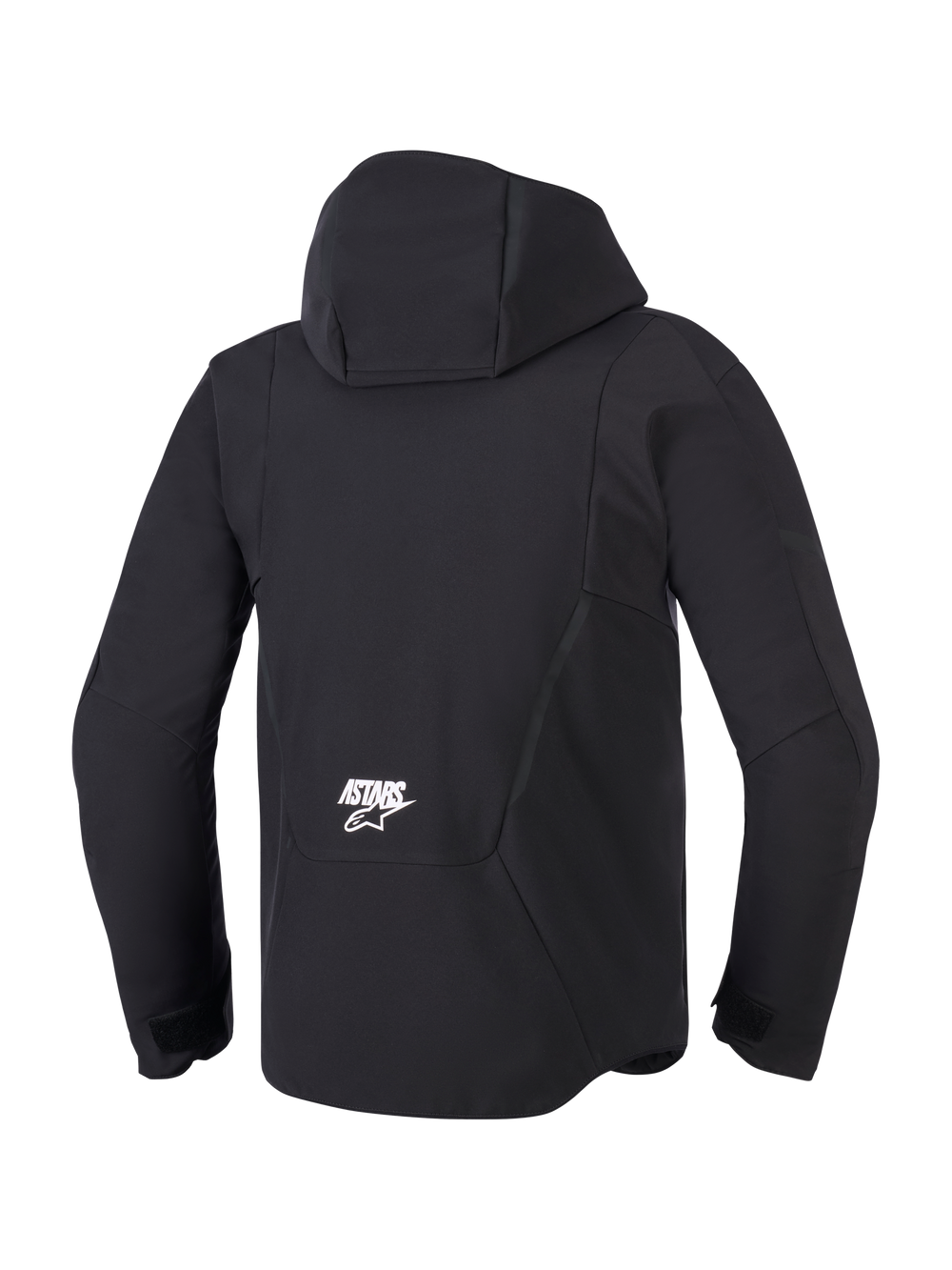 Alpinestars Aeroshell Waterproof Jacket, Men's Black Softshell Motorcycle Jacket, back view with hood and white ASTARS logo.