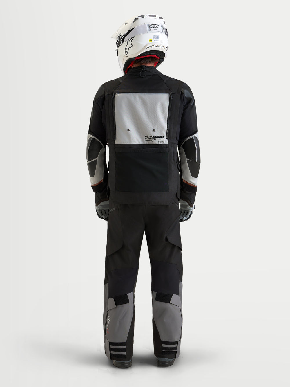 Alpinestars Harok V2 Drystar Jacket, Men's Adventure Touring Motorcycle Jacket, Dark Gray, Ice Gray, and Black, rear view showing modular ventilation panel and CE protection