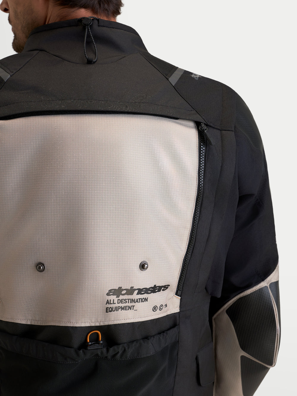 Alpinestars Harok V2 Drystar Jacket, Men's adventure motorcycle jacket, back view showing aluminum and black modular ventilation panel, ripstop construction, and Alpinestars branding