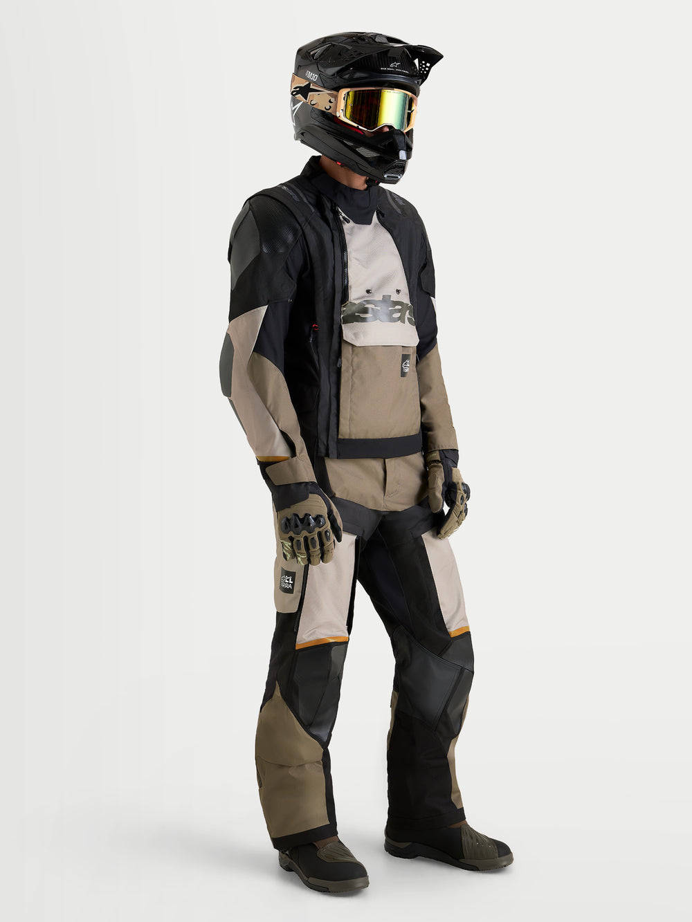 Alpinestars Harok V2 Drystar Jacket, Men's Aluminum, Walnut, and Black all-terrain adventure motorcycle textile jacket, worn by a rider with a matching helmet and matching pants