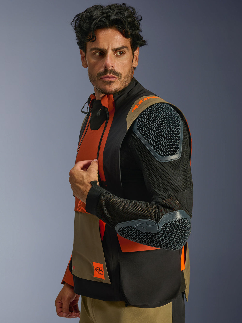 Alpinestars Halo Pro Drystar® XF Laminated Jacket, Walnut Rust Black, modular design with outer sleeves removed to show breathable mesh and integrated Nucleon Flex Pro armor on shoulder and elbow, adventure touring motorcycle apparel