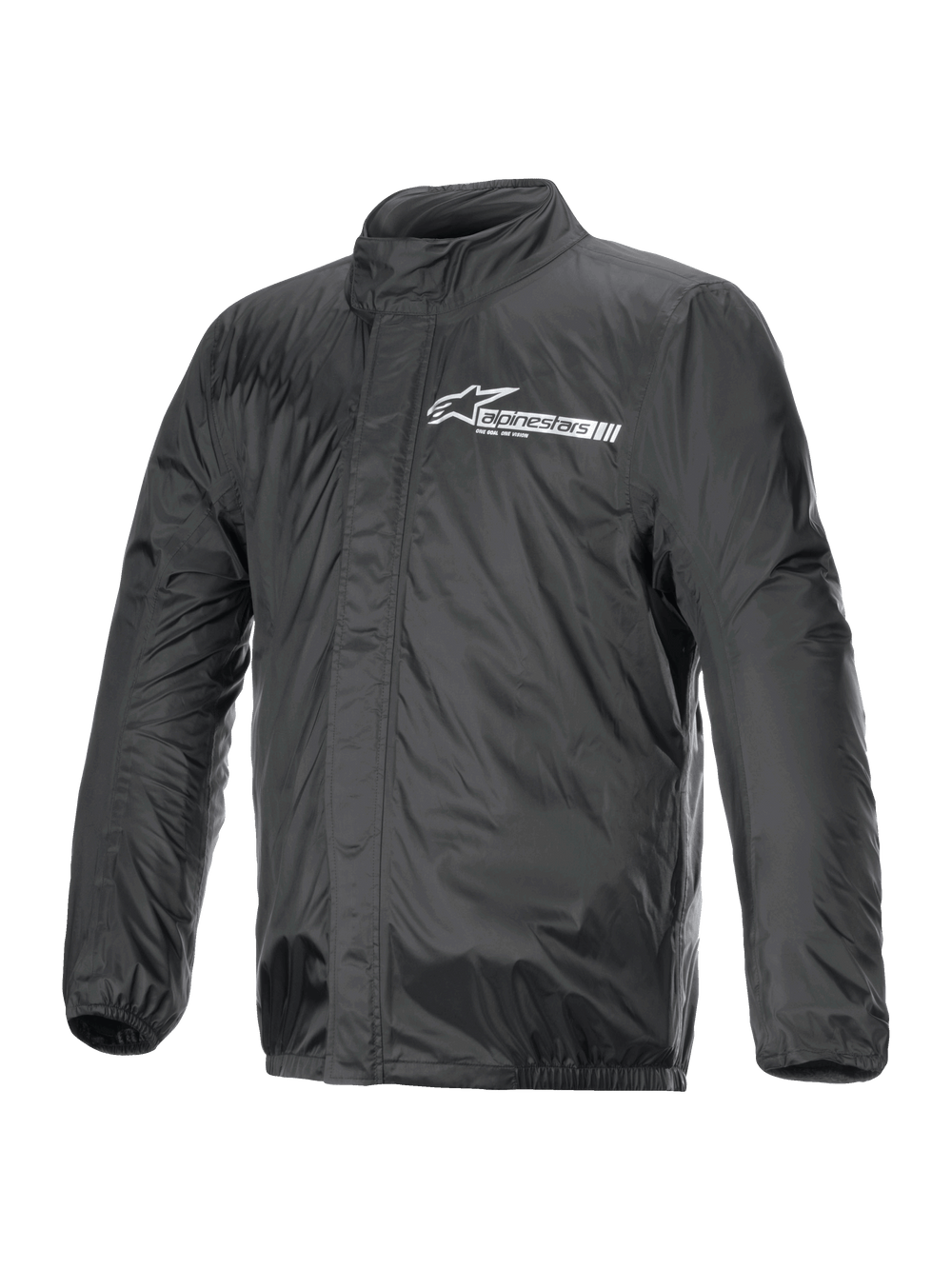 Alpinestars Hurricane Rain V2 Jacket, Motorcycle Rain Jacket, Black, featuring white Alpinestars logo on chest, high collar, front zipper with storm flap, elasticated cuffs and hem, waterproof laminated textile