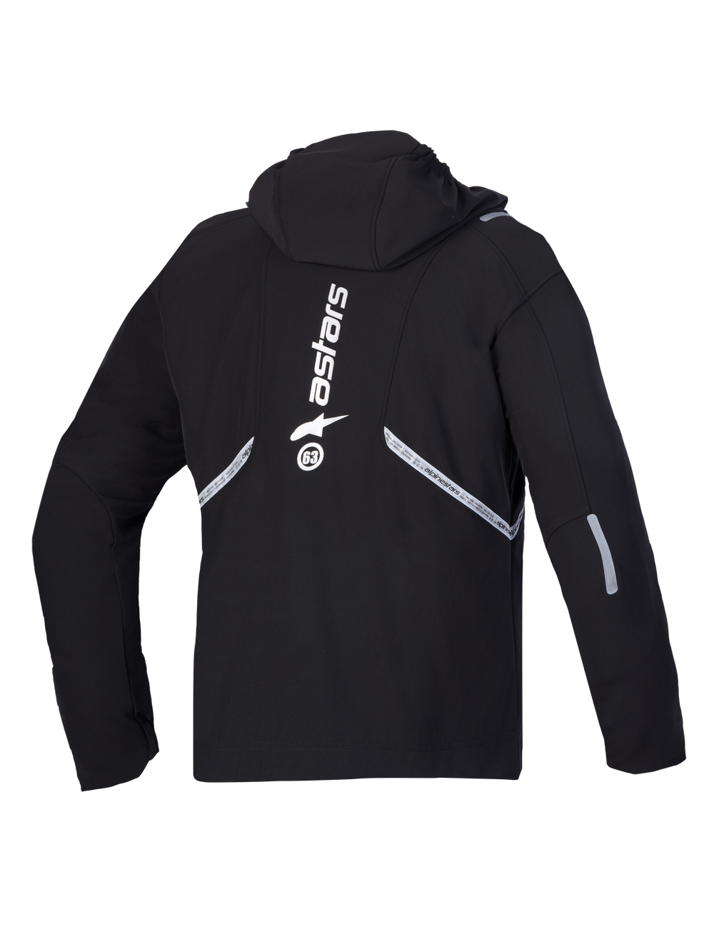 Alpinestars C-5 Drystar Jacket, Men's Black waterproof motorcycle jacket, rear view showing integrated hood and large white Alpinestars branding with reflective detailing
