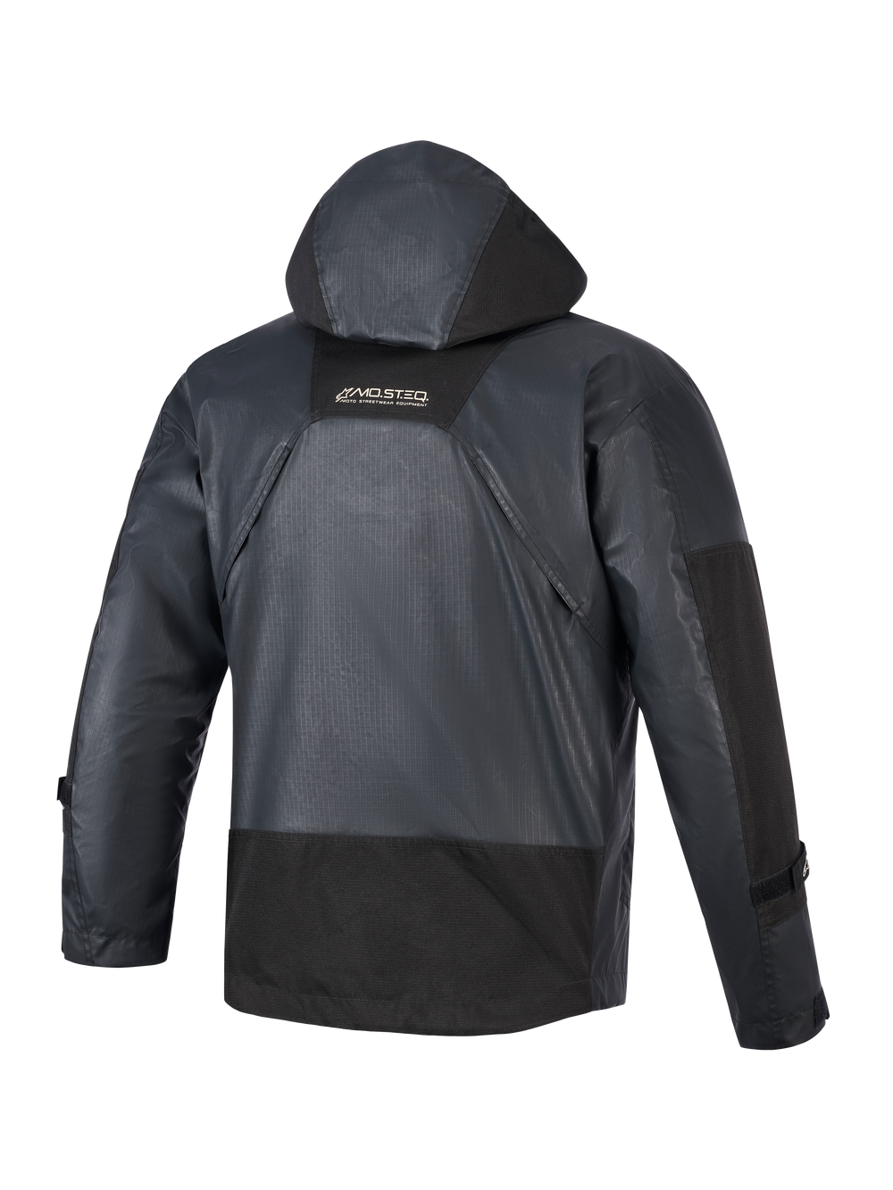 Alpinestars Mospher Waterproof Jacket, Motorcycle Parka, Black, rear view showing integrated hood and ripstop fabric construction, MO.ST.EQ branding on upper back, tactical urban design for all-weather riding