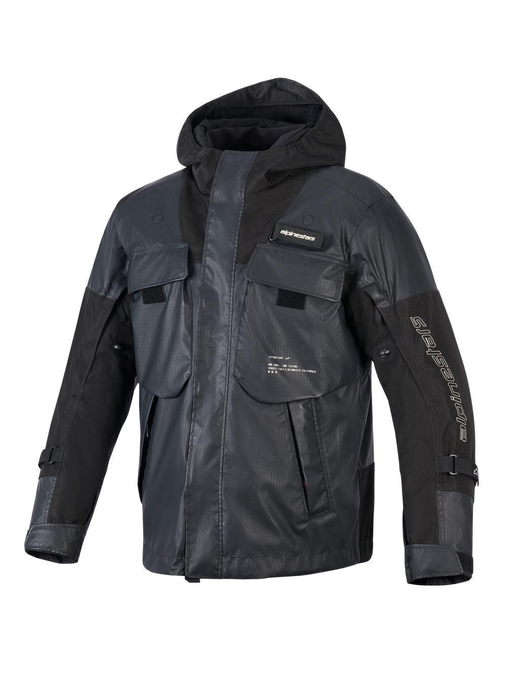 Alpinestars Mospher Waterproof Jacket, Black Motorcycle Parka, tactical utility design with multiple large pockets, ripstop textile construction, integrated hood, white Alpinestars branding on the sleeve and chest