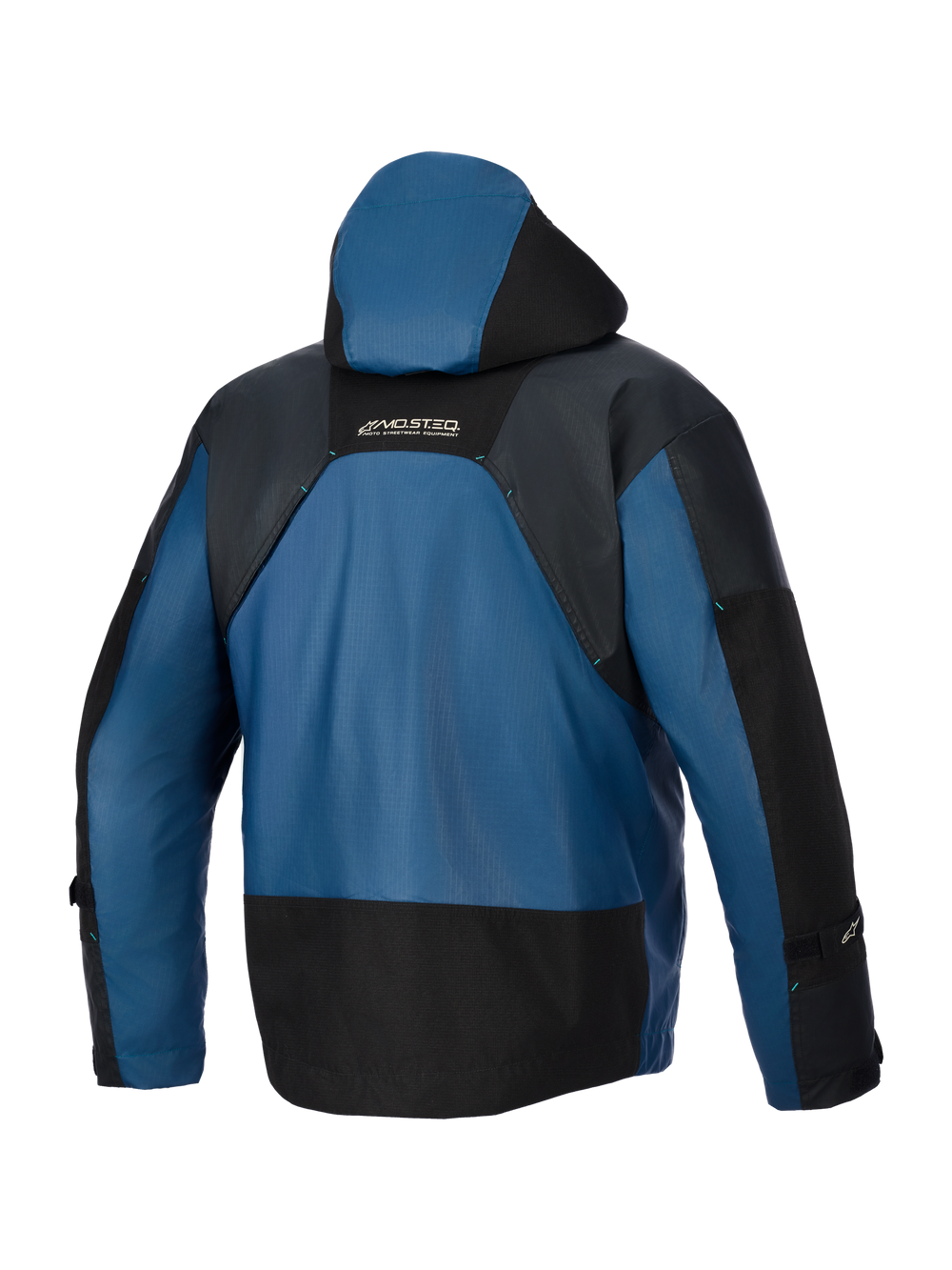 Alpinestars Mospher Waterproof Jacket, Rear View, Black and Dark Petrol, features a protective hood, durable ripstop textile construction with black reinforced sections, and MO.ST.EQ. logo on the upper back, waterproof urban motorcycle gear