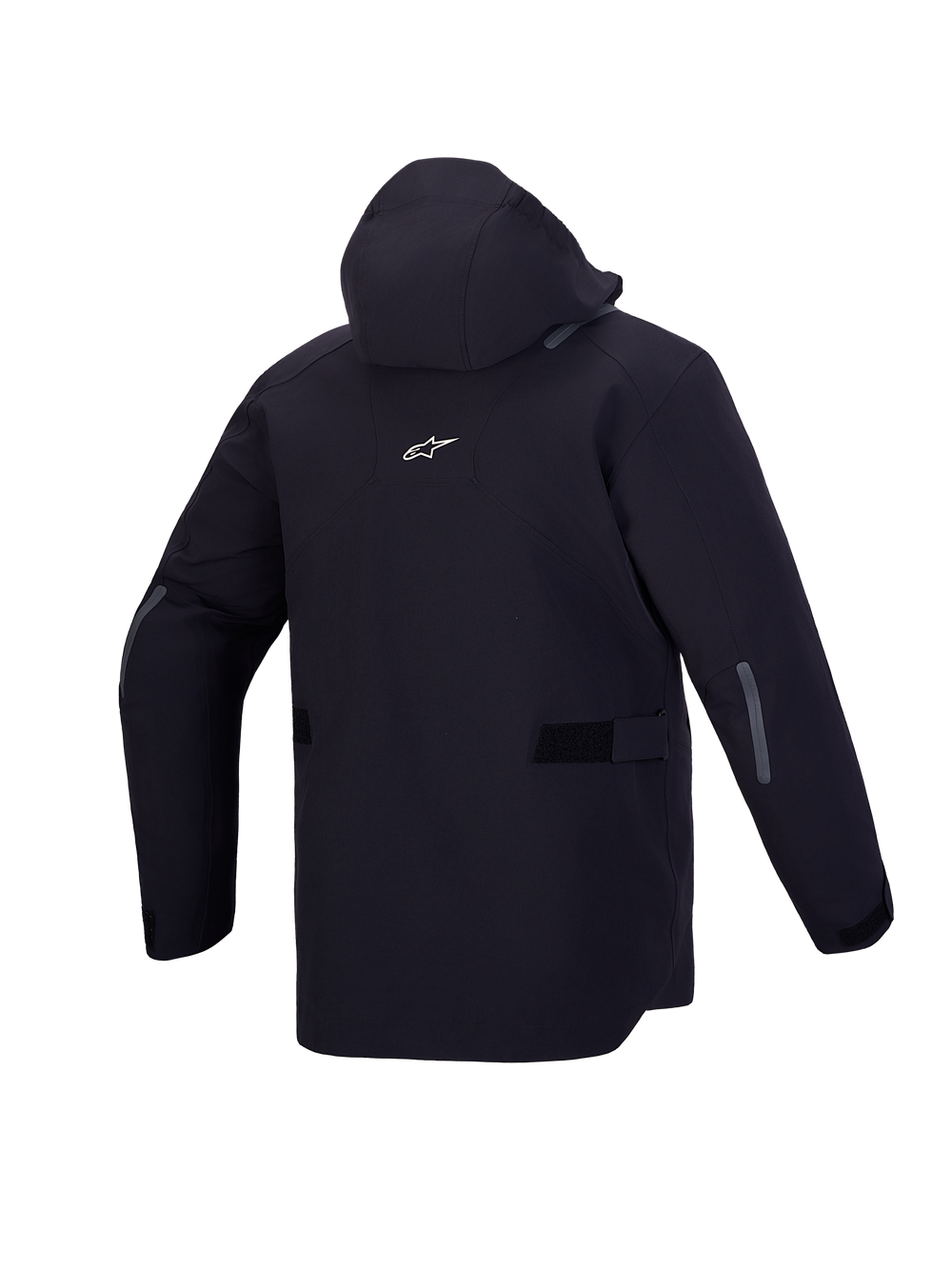 Alpinestars C-7 Drystar XF Jacket, Men's Black urban motorcycle jacket, rear view showcasing integrated hood, white Alpinestars logo, and reflective details