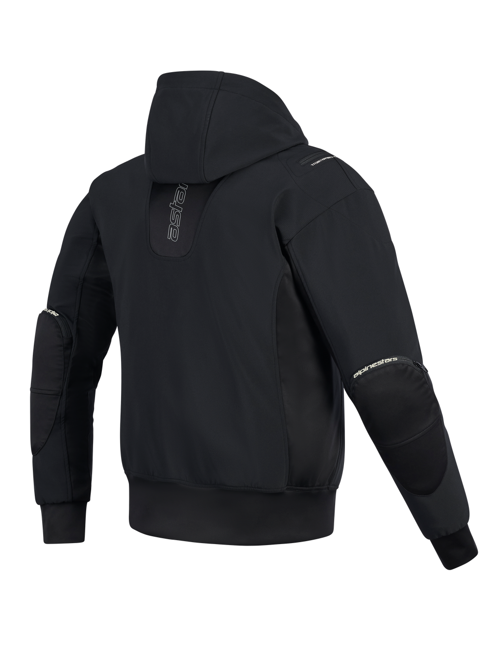 Alpinestars Moblast Waterproof Jacket, Rear View, Black, urban motorcycle hoodie with vertical branding on the back, technical softshell and ripstop construction featuring a fixed hood and external elbow protector zippers