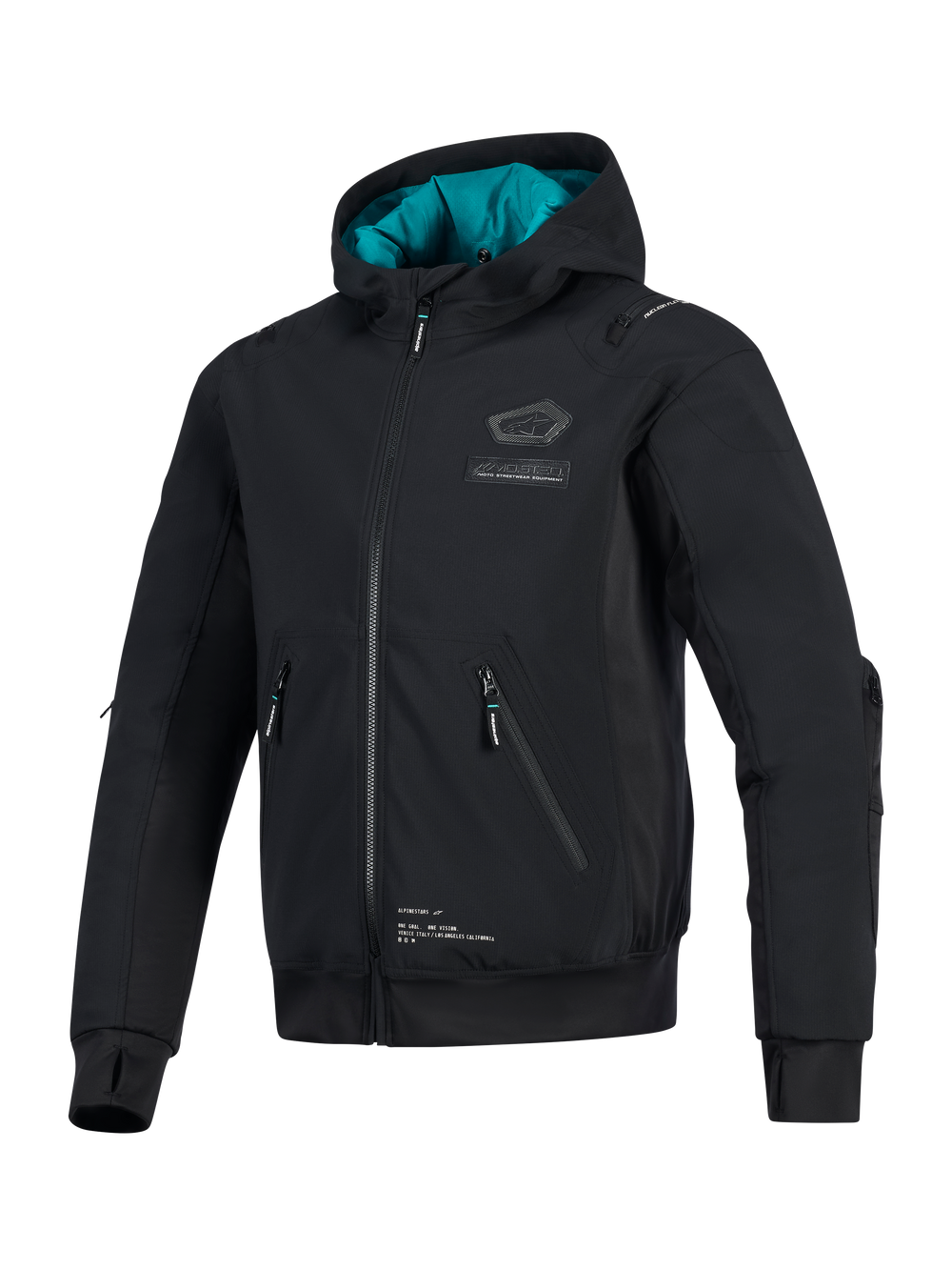 Alpinestars Moblast Waterproof Jacket, Black with teal hood lining, technical softshell motorcycle jacket featuring 3D zippered pockets, integrated thumbholes, and Alpinestars chest branding, urban riding apparel